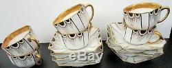 1900-1919 6 Antique German Art Deco Gold and Black Demi Cups and Saucers Sets