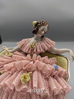 1900s Antique Volkstedt German Porcelain Lace Figurine Dreaming Girl Marked Rare