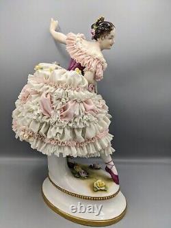 1915s Large German Volkstedt Ballerina Fanny Elssler Porcelain Lace Figurine 12