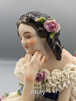 1915s Large German Volkstedt Lady with Mandolin Lace Porcelain Figurine Rare