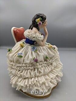 1915s Large German Volkstedt Lady with Mandolin Lace Porcelain Figurine Rare