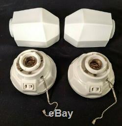 1920s-1930s Pass & Seymour White Porcelain Bath Sconces & Shades, new wiring