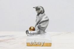 1920s Art Deco Porcelain Cat with Golden Ball, Portuguese, Vista Alegre