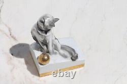 1920s Art Deco Porcelain Cat with Golden Ball, Portuguese, Vista Alegre