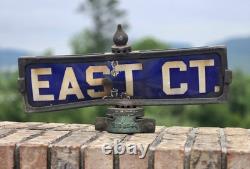 1920s New York City Porcelain Street Sign With Bracket And Finial Art Deco Era