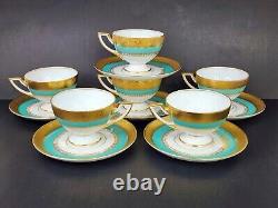 1930 Pirkenhammer Pirken Hammer Cezch 6 Tea Cups Set Turquoise 24K Gold Art Deco