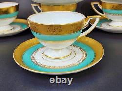 1930 Pirkenhammer Pirken Hammer Cezch 6 Tea Cups Set Turquoise 24K Gold Art Deco