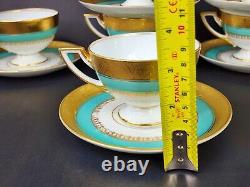 1930 Pirkenhammer Pirken Hammer Cezch 6 Tea Cups Set Turquoise 24K Gold Art Deco