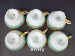 1930 Pirkenhammer Pirken Hammer Cezch 6 Tea Cups Set Turquoise 24K Gold Art Deco