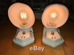 1930's Pair Over-sink Porcelain Bath Wall Sconce Light Antique milk glass thick