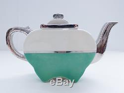 1930s Fraunfelter Art Deco Green/White/Silver Apple-Shaped Teapot Sliding Lid