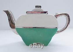 1930s Fraunfelter Art Deco Green/White/Silver Apple-Shaped Teapot Sliding Lid
