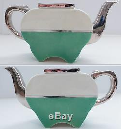 1930s Fraunfelter Art Deco Green/White/Silver Apple-Shaped Teapot Sliding Lid