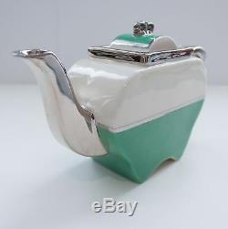 1930s Fraunfelter Art Deco Green/White/Silver Apple-Shaped Teapot Sliding Lid