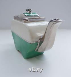 1930s Fraunfelter Art Deco Green/White/Silver Apple-Shaped Teapot Sliding Lid