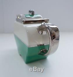 1930s Fraunfelter Art Deco Green/White/Silver Apple-Shaped Teapot Sliding Lid