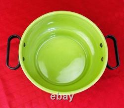 1930s Thick Green Porcelain Pot 8.25 Copper Lid Steel Handles Rare Art Deco