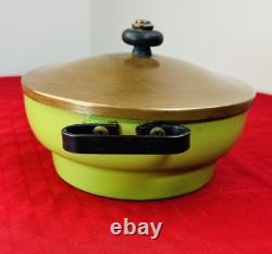 1930s Thick Green Porcelain Pot 8.25 Copper Lid Steel Handles Rare Art Deco