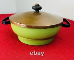 1930s Thick Green Porcelain Pot 8.25 Copper Lid Steel Handles Rare Art Deco