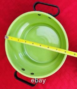 1930s Thick Green Porcelain Pot 8.25 Copper Lid Steel Handles Rare Art Deco