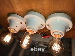 1930s set of 3 Porcelain Flush Mount Light Antique Art Deco bathroom kitchen