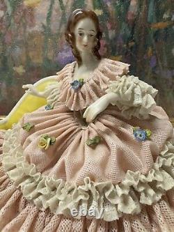 19th C. Dresden Germany Fine Porcelain & Lace Dress Figurine 7 x 7.5