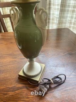2 ART DECO LENOX Porcelain Green Urn Double Swan Handles Table Lamp 24 MCM