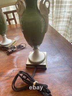 2 ART DECO LENOX Porcelain Green Urn Double Swan Handles Table Lamp 24 MCM