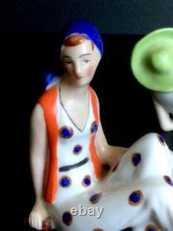 2 Porcelain Art Deco Bathing Beauty Figurines Sun Hat Beach Ball