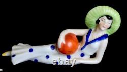 2 Porcelain Art Deco Bathing Beauty Figurines Sun Hat Beach Ball