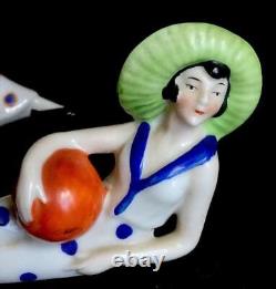 2 Porcelain Art Deco Bathing Beauty Figurines Sun Hat Beach Ball