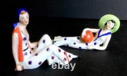 2 Porcelain Art Deco Bathing Beauty Figurines Sun Hat Beach Ball