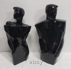 80's art deco man & woman black porcelain sculpture/statue bust vtg fashion