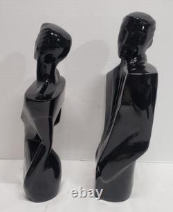 80's art deco man & woman black porcelain sculpture/statue bust vtg fashion