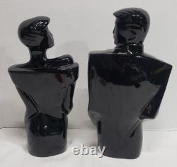 80's art deco man & woman black porcelain sculpture/statue bust vtg fashion