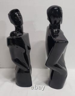 80's art deco man & woman black porcelain sculpture/statue bust vtg fashion