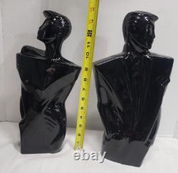 80's art deco man & woman black porcelain sculpture/statue bust vtg fashion