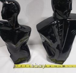 80's art deco man & woman black porcelain sculpture/statue bust vtg fashion