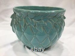 9 -10 x 7.5 Aqua Green MCCoy Quilted Jardiniere Planter Pot Floral Bow Leaves