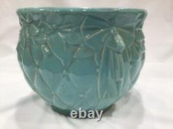 9 -10 x 7.5 Aqua Green MCCoy Quilted Jardiniere Planter Pot Floral Bow Leaves