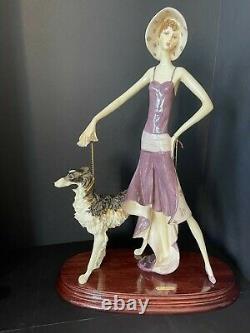 A. Santini Vintage Figurine Art Deco Lady With Borzoi Dog 19 Hight