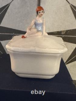 ANTIQUE Art Deco German bathing beauty porcelain Bisque figurine powder box 1930