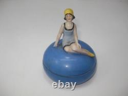 ANTIQUE Art Deco German bathing beauty porcelain Bisque figurine powder box 1930