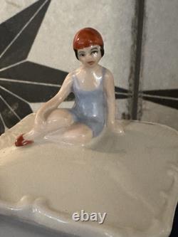 ANTIQUE Art Deco German bathing beauty porcelain Bisque figurine powder box 1930