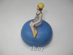 ANTIQUE Art Deco German bathing beauty porcelain Bisque figurine powder box 1930