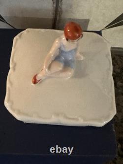 ANTIQUE Art Deco German bathing beauty porcelain Bisque figurine powder box 1930