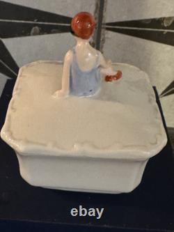 ANTIQUE Art Deco German bathing beauty porcelain Bisque figurine powder box 1930