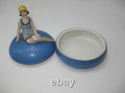 ANTIQUE Art Deco German bathing beauty porcelain Bisque figurine powder box 1930