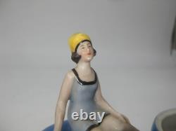 ANTIQUE Art Deco German bathing beauty porcelain Bisque figurine powder box 1930