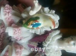 ANTIQUE GERMAN DRESDEN LACE ART DECO LADY QUEEN & PARROT PORCELAIN FIGURINE Carl